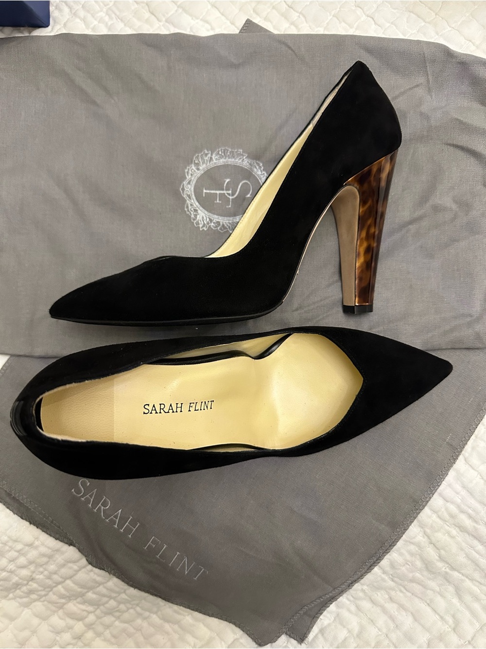 Sarah Flint Black Suede Pointed-Toe Pumps with Tortoiseshell Heel